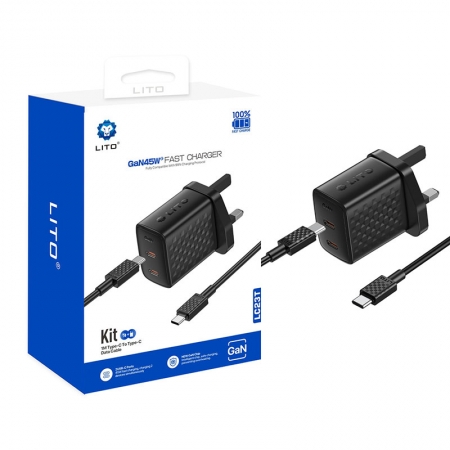 LITO LC23 45W Dual USB-C GaN Fast Charger UK Plug for Faster Safe Travel Charging 
